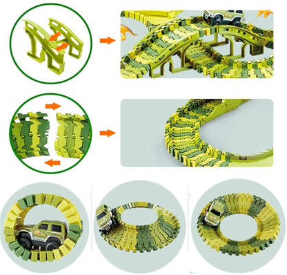 Dinosaur World Track Racing Track Toy Set Dinosaur Railway Toy Car Educational Bend Flexible Race Track Flash Light Car Toys Boy