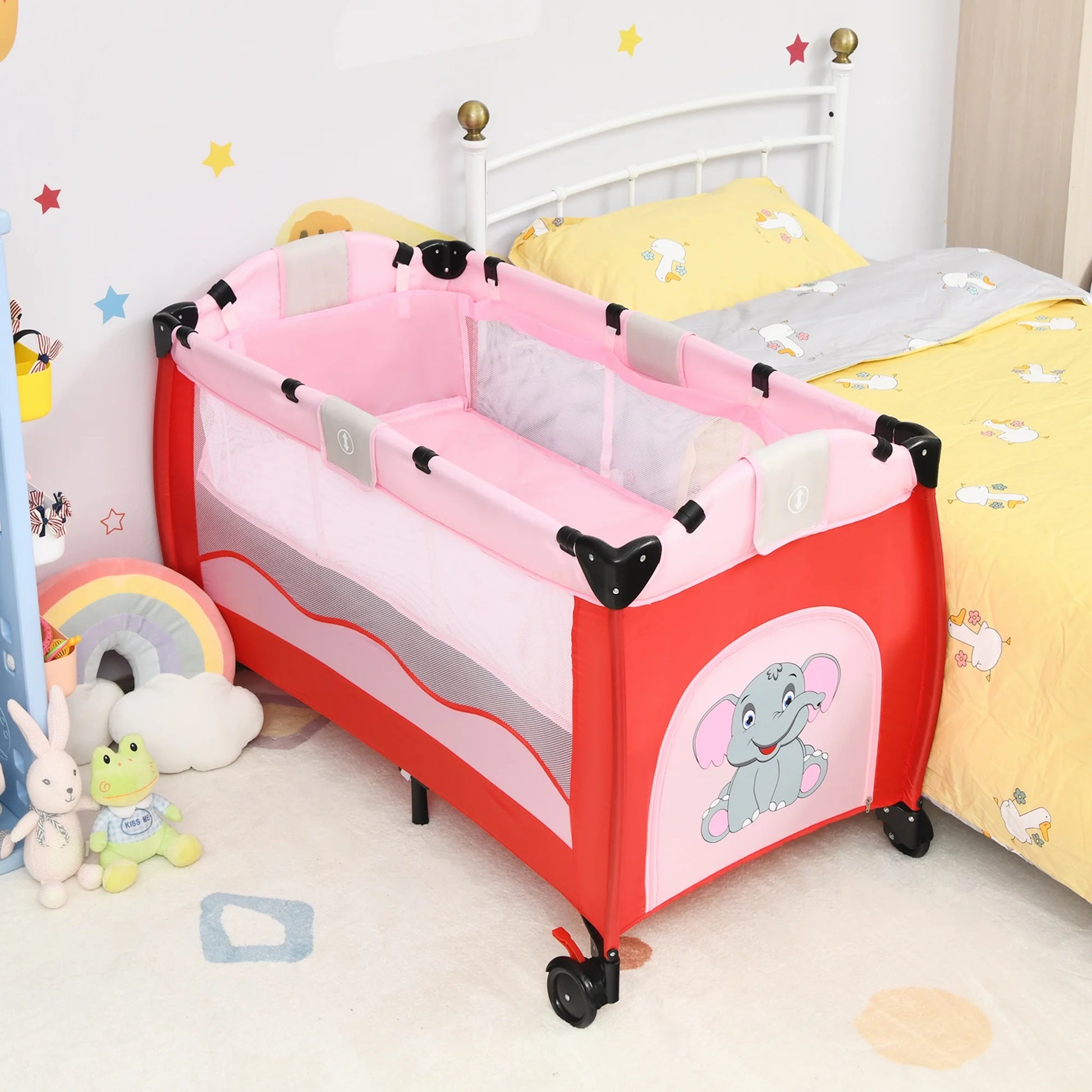 Baby Crib Playpen Playard Foldable Bassinet Infant Bed Unisex 0-18 Months Pink