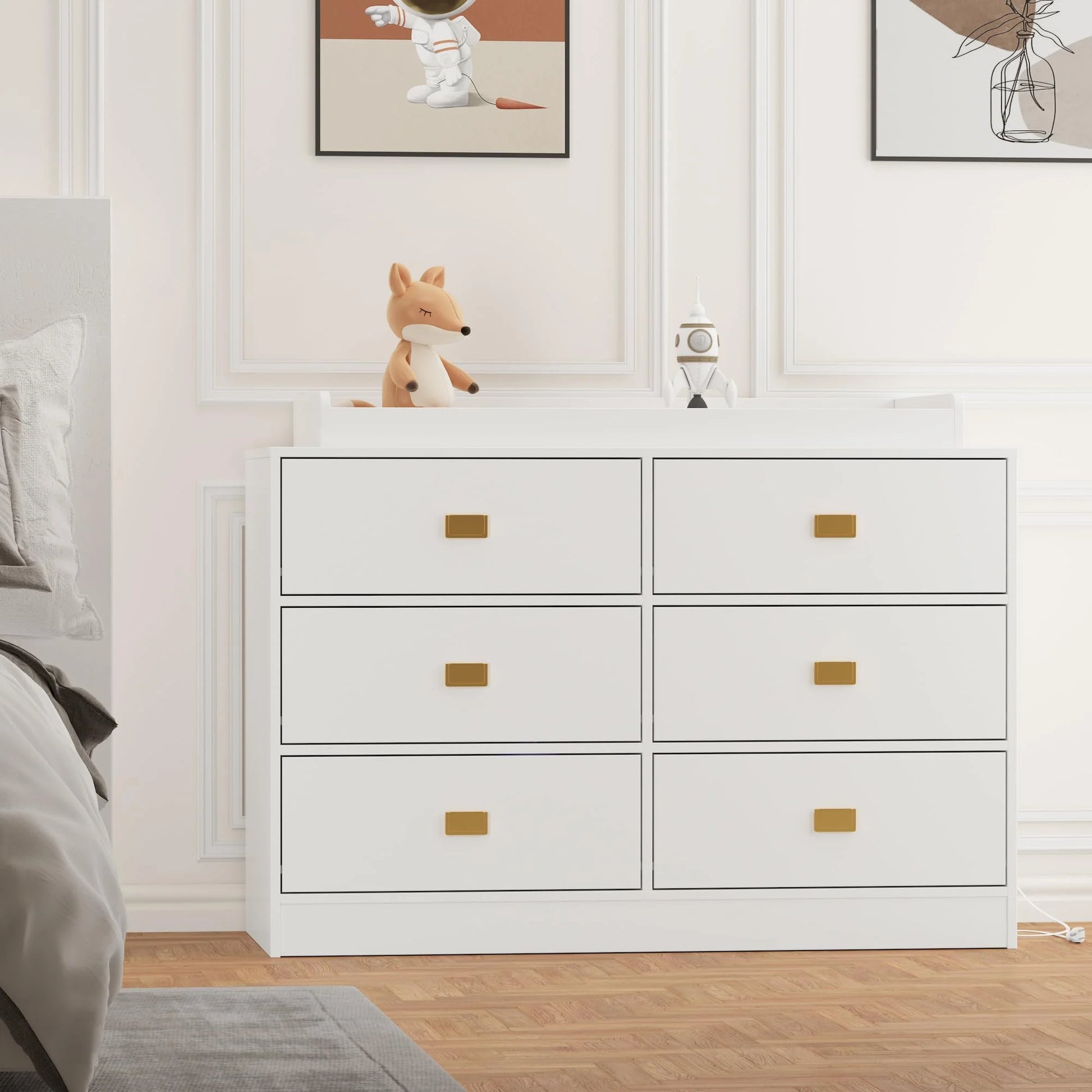 Dresser for Bedroom with 6 Drawers, Wide Chest of Drawers with Changing Table Top, Nursery Storage Organizer for Infant with Power Outlets, Changing Pad & Removable Top