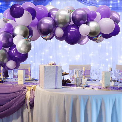 132Pcs Purple and Silver Balloons, Purple and Silver Balloon Garland Kit with Silver Butterfly, Metallic Purple Balloons Purple Balloon Garland Kit for Baby Shower Wedding Birthday