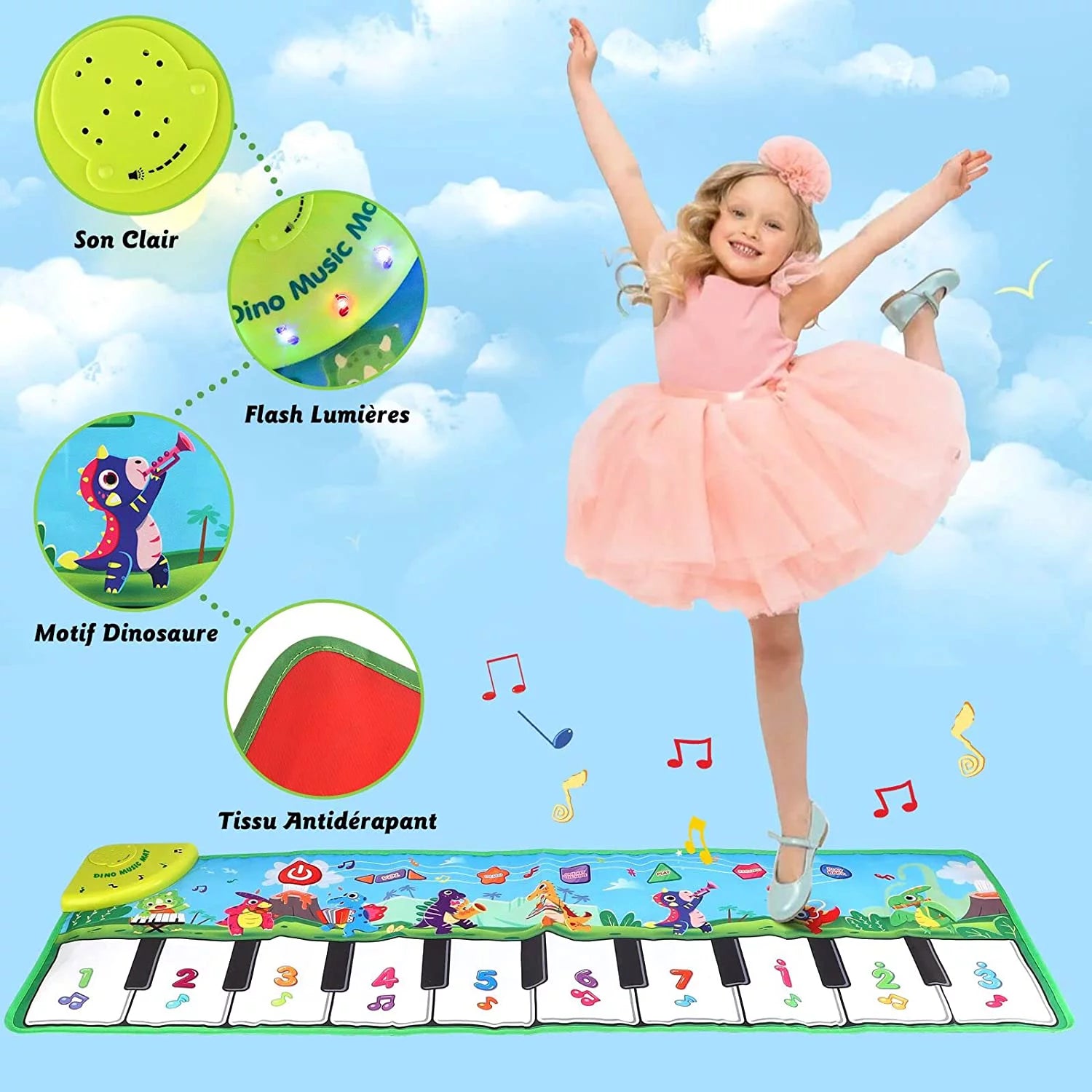 Baby Piano Mat, Dinosaur Musical Piano Mat for Kids 1-5 Years Old Toddler, Floor Keyboard Music Dance Touch Playmat Toy Adjustable Volume/ Record/ Playback