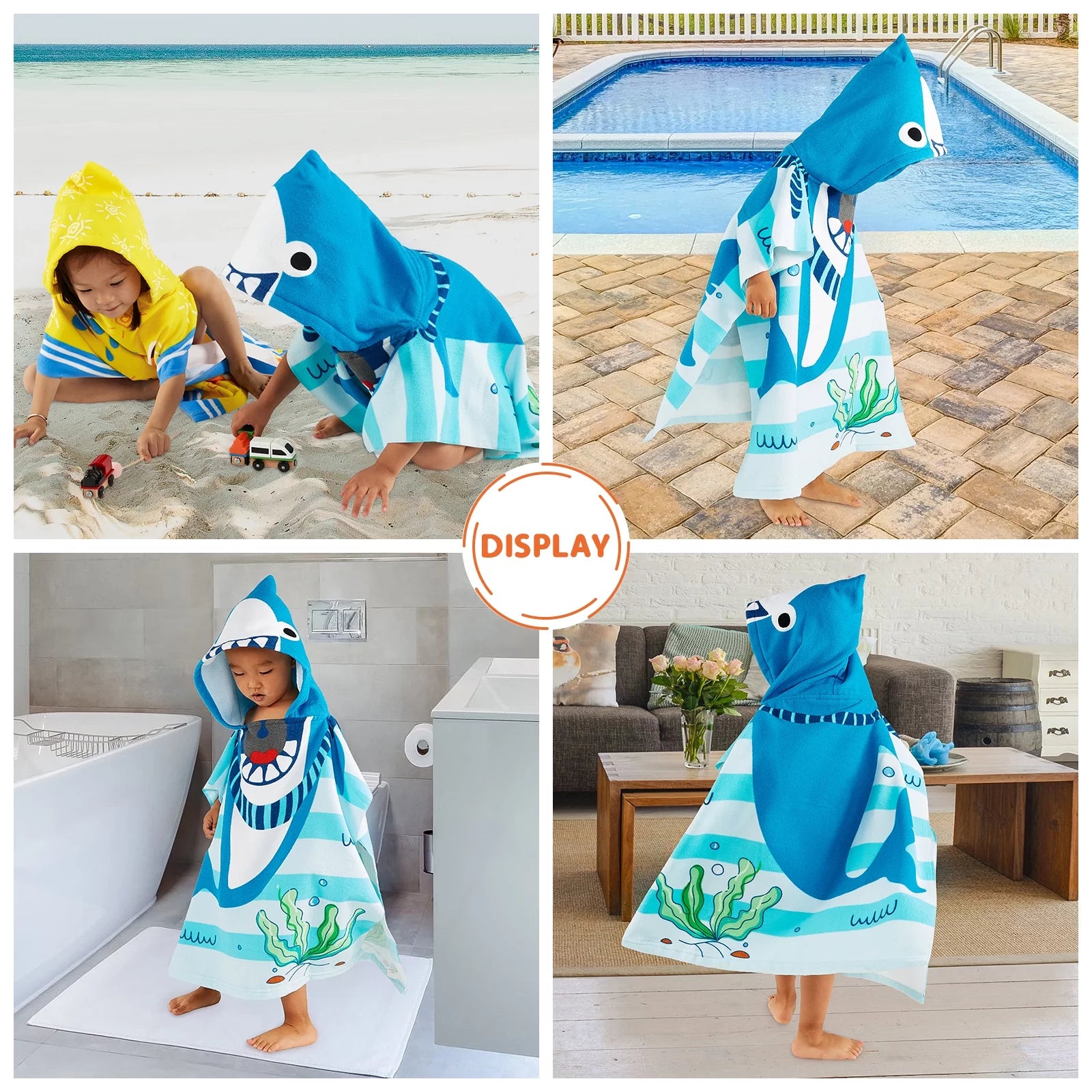 Baby Kids Bath and Beach Hooded Towel Wrap, 24" X 48", Light Blue Shark