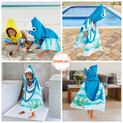 Baby Kids Bath and Beach Hooded Towel Wrap, 24" X 48", Light Blue Shark