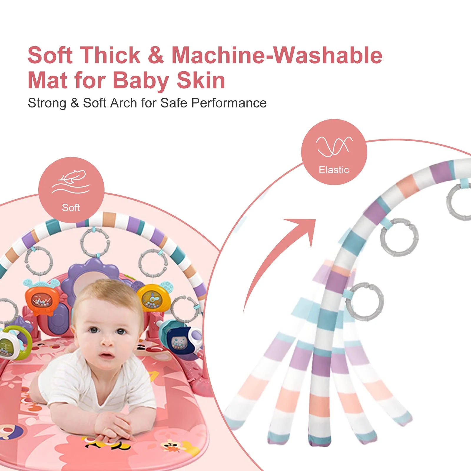 Baby Gym Play Mat, Musical Fitness Tummy Time Mat, for 0-36 Months Boys Girls, Orange Red