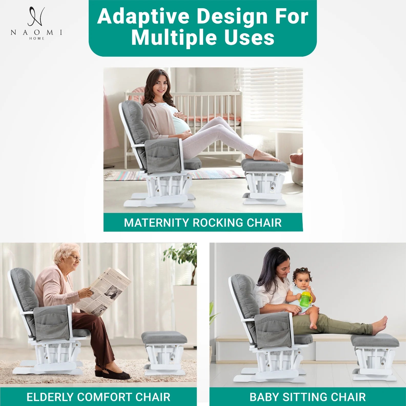 Brisbane Nursery Glider & Ottoman Sets, Glider Recliner Nursery Rocking Chair, Nursery Glider Rocker with Ottoman, Reclining Gliders & Chairs for Breastfeeding, Reading, Napping - White/Dark Gray