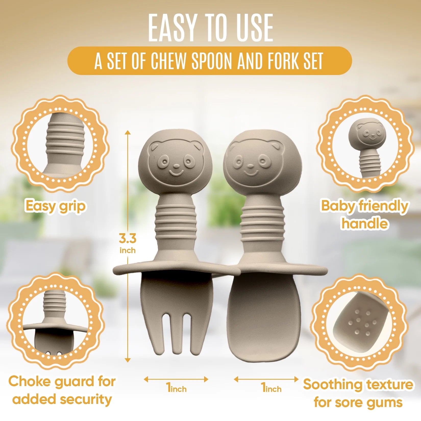 4Pc Baby Led Weaning Set, Baby Feeding Utensils, Toddler Cutlery Set, BPA Free Silicone, Dishwasher and Microwave Safe (Gray/Beige)