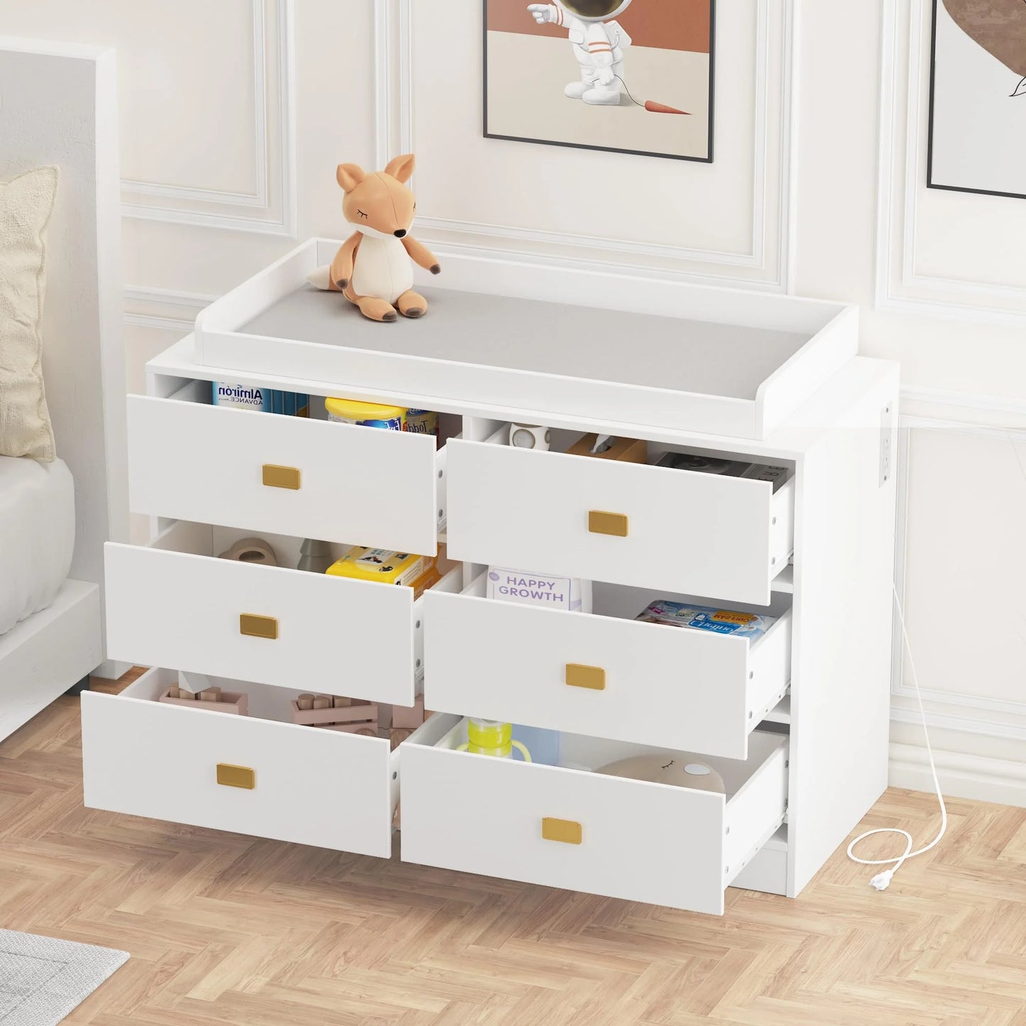 Dresser for Bedroom with 6 Drawers, Wide Chest of Drawers with Changing Table Top, Nursery Storage Organizer for Infant with Power Outlets, Changing Pad & Removable Top
