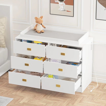 Dresser for Bedroom with 6 Drawers, Wide Chest of Drawers with Changing Table Top, Nursery Storage Organizer for Infant with Power Outlets, Changing Pad & Removable Top