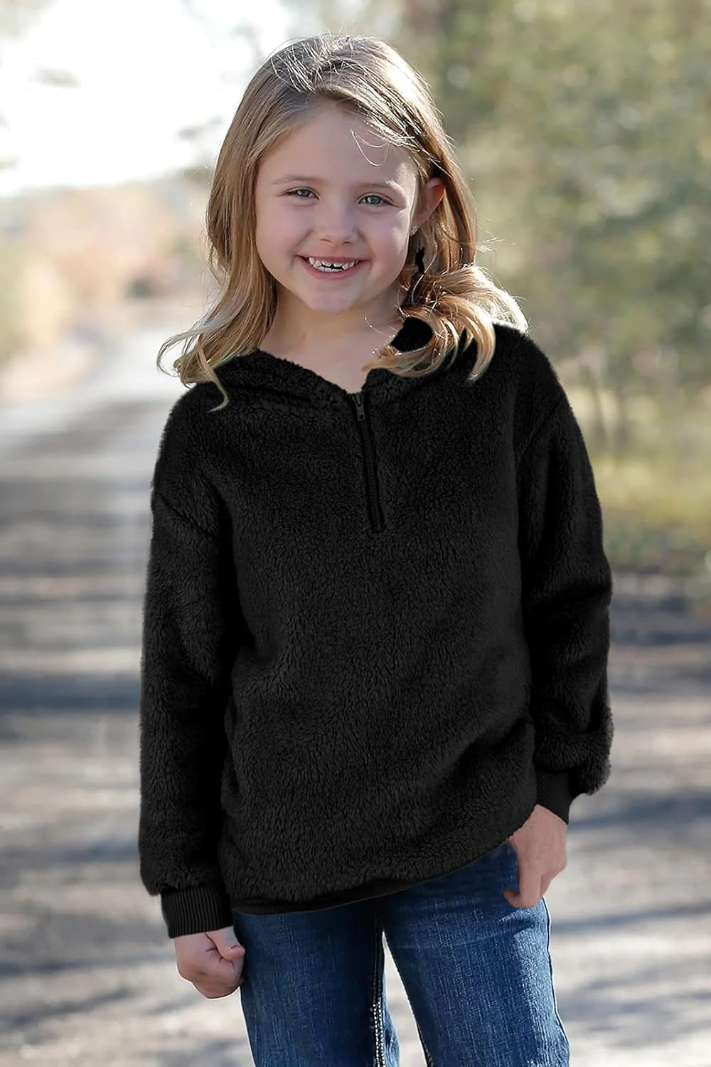 Kids Girl'S Fuzzy Hoodies Zipper Warm Loose Sherpa Hooded Sweatshirt Pullover with Pockets