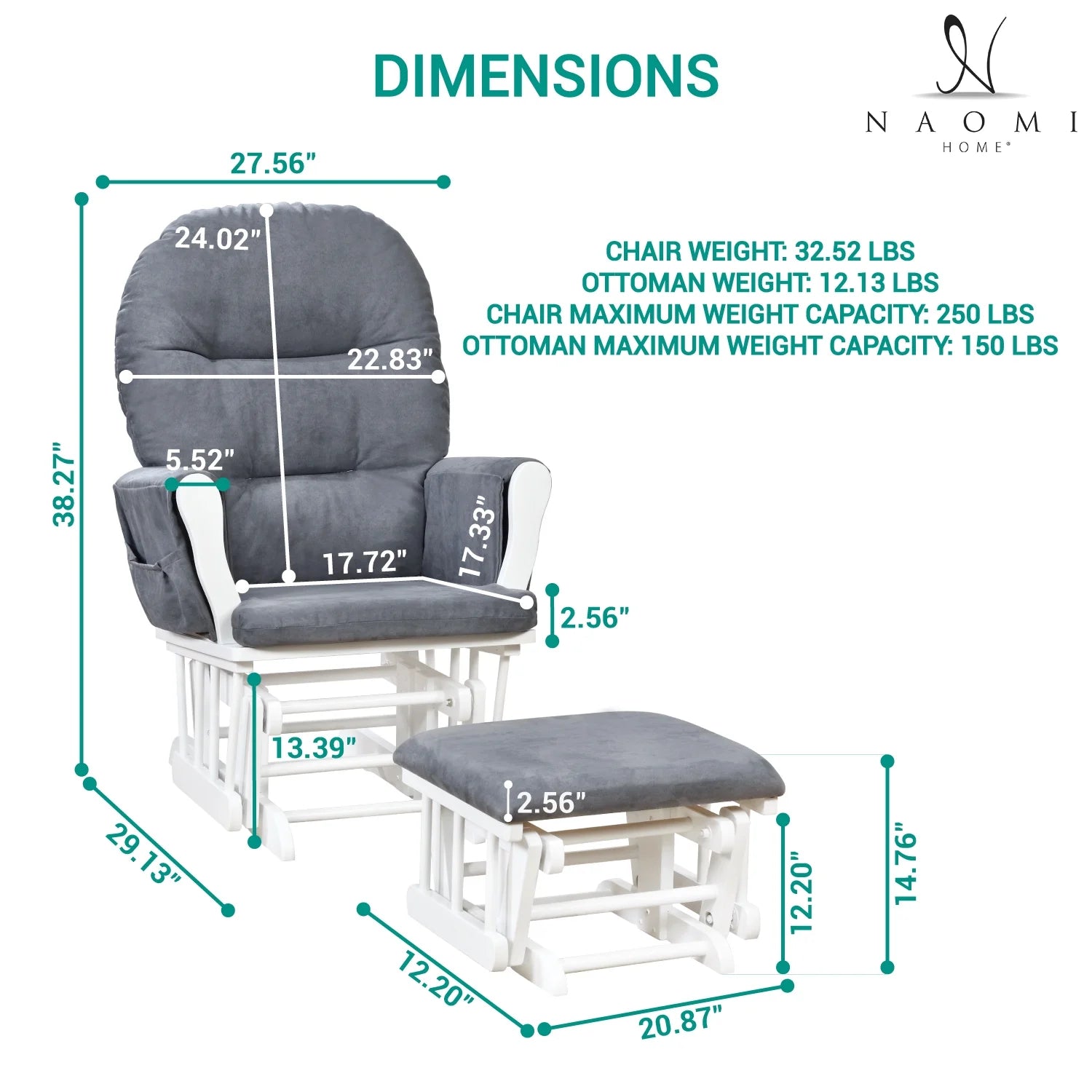 Brisbane Nursery Glider & Ottoman Sets, Glider Recliner Nursery Rocking Chair, Nursery Glider Rocker with Ottoman, Reclining Gliders & Chairs for Breastfeeding, Reading, Napping - White/Dark Gray
