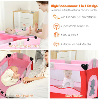 Baby Crib Playpen Playard Foldable Bassinet Infant Bed Unisex 0-18 Months Pink