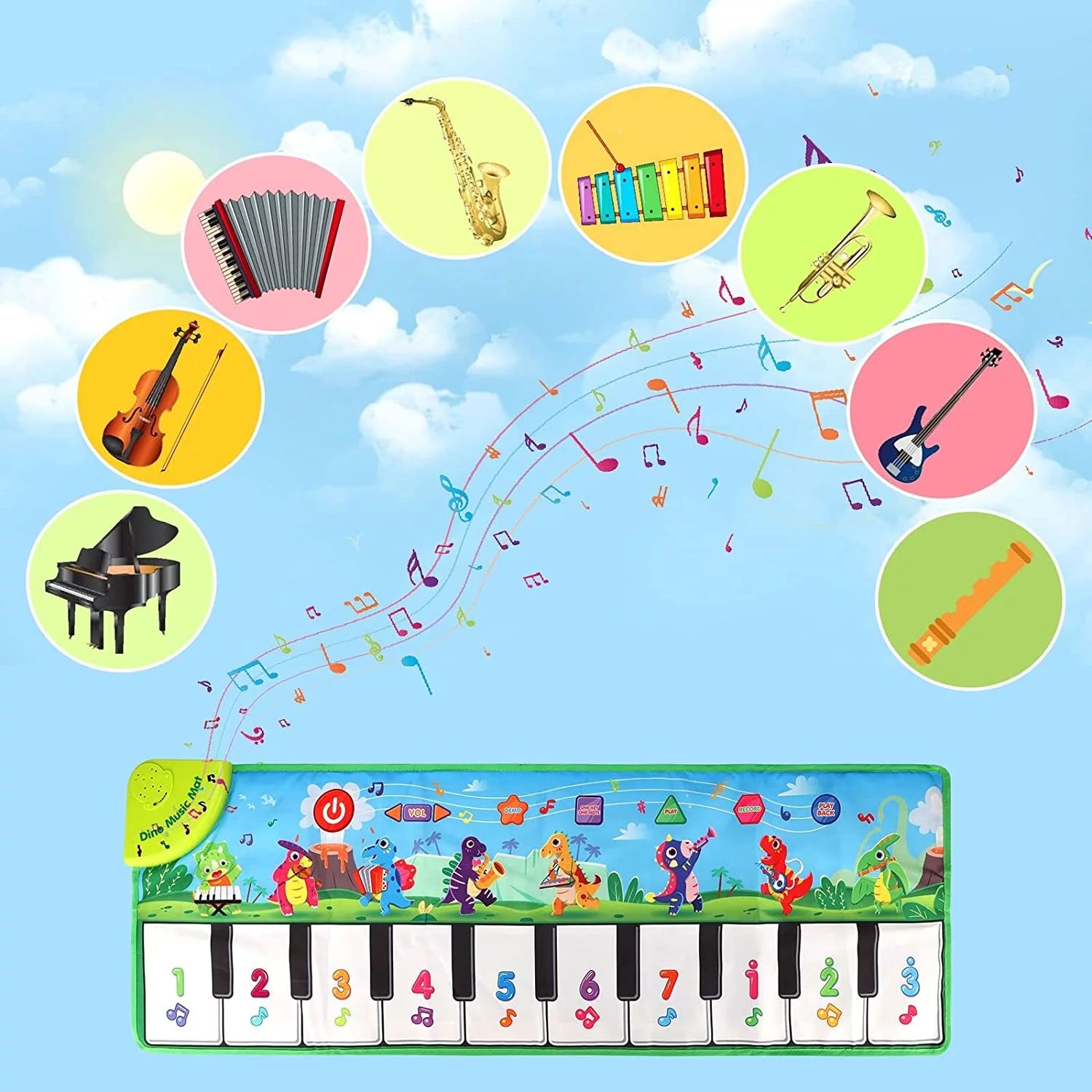 Baby Piano Mat, Dinosaur Musical Piano Mat for Kids 1-5 Years Old Toddler, Floor Keyboard Music Dance Touch Playmat Toy Adjustable Volume/ Record/ Playback