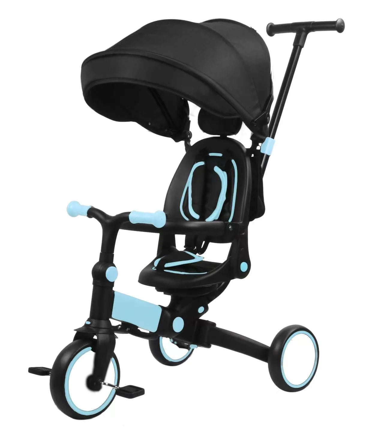 4 in 1 Baby Tricycle,Foldable Kids Tricycle with Adjustable Removable Canopy, Push Handle,Pedal and Guardrail,Balance Bike,Multifunction Design Witness Your Child'S Growth Blue
