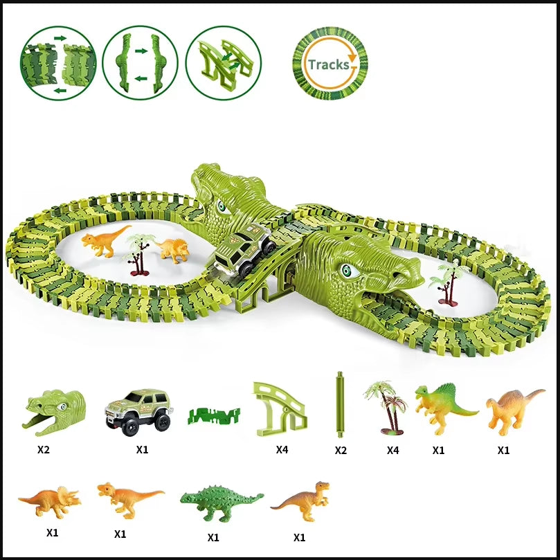 Dinosaur World Track Racing Track Toy Set Dinosaur Railway Toy Car Educational Bend Flexible Race Track Flash Light Car Toys Boy