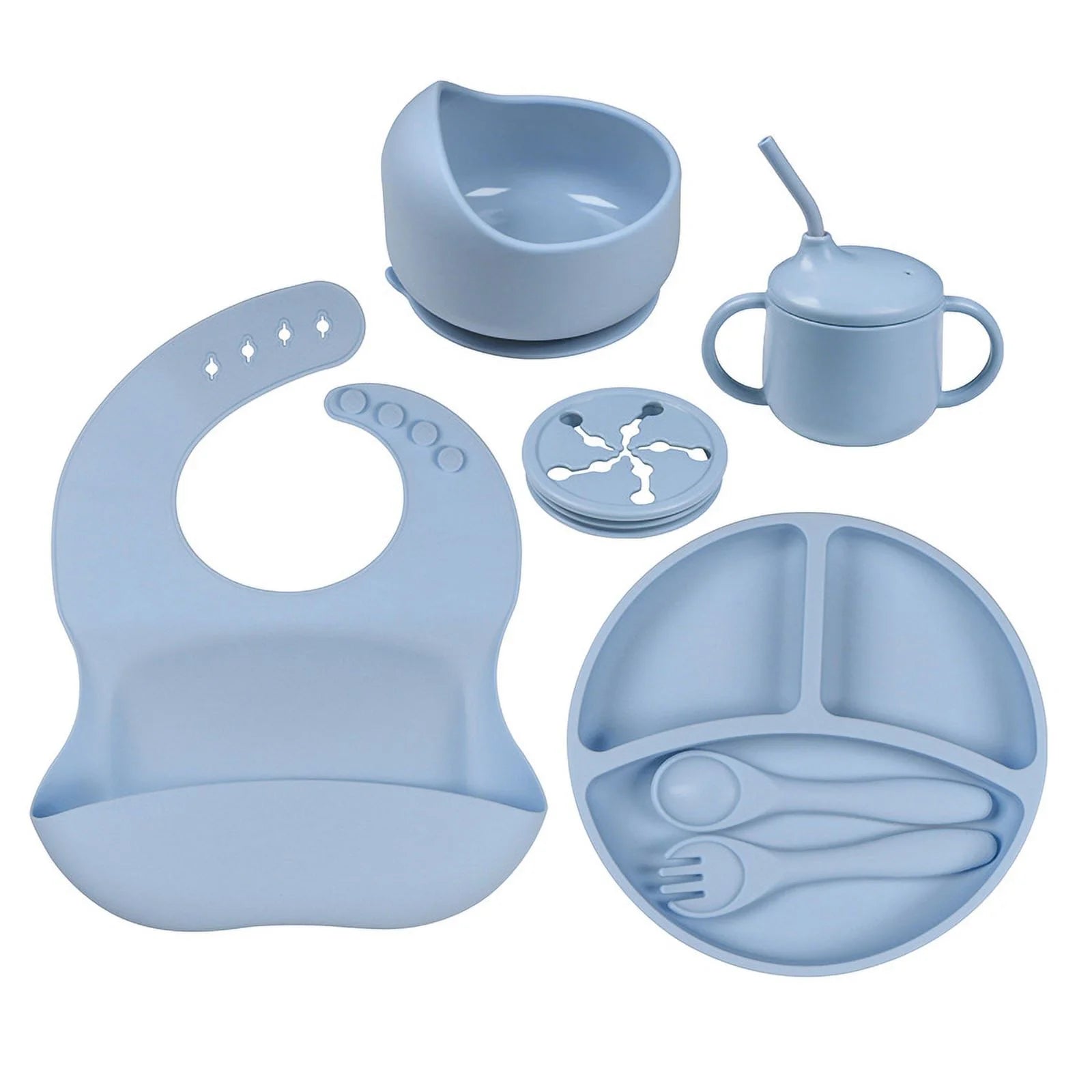 7 Pack Silicone Baby Feeding Set, Baby Led Weaning Utensils Set, Baby Spoon and Fork, Sippy Cup with Straw, Blue