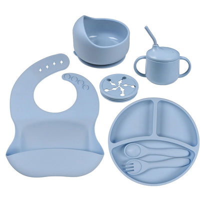 7 Pack Silicone Baby Feeding Set, Baby Led Weaning Utensils Set, Baby Spoon and Fork, Sippy Cup with Straw, Blue