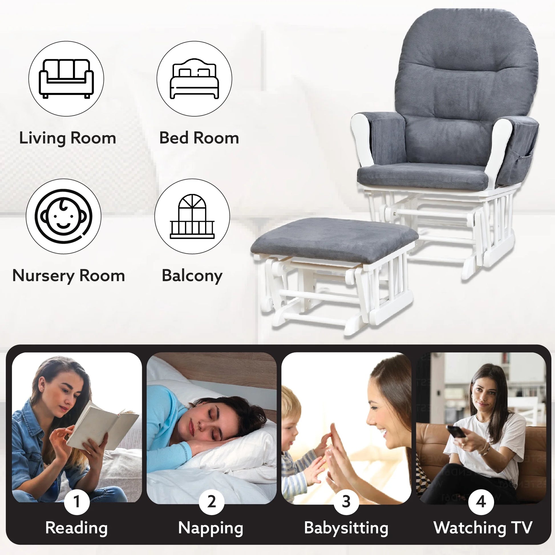 Brisbane Nursery Glider & Ottoman Sets, Glider Recliner Nursery Rocking Chair, Nursery Glider Rocker with Ottoman, Reclining Gliders & Chairs for Breastfeeding, Reading, Napping - White/Dark Gray
