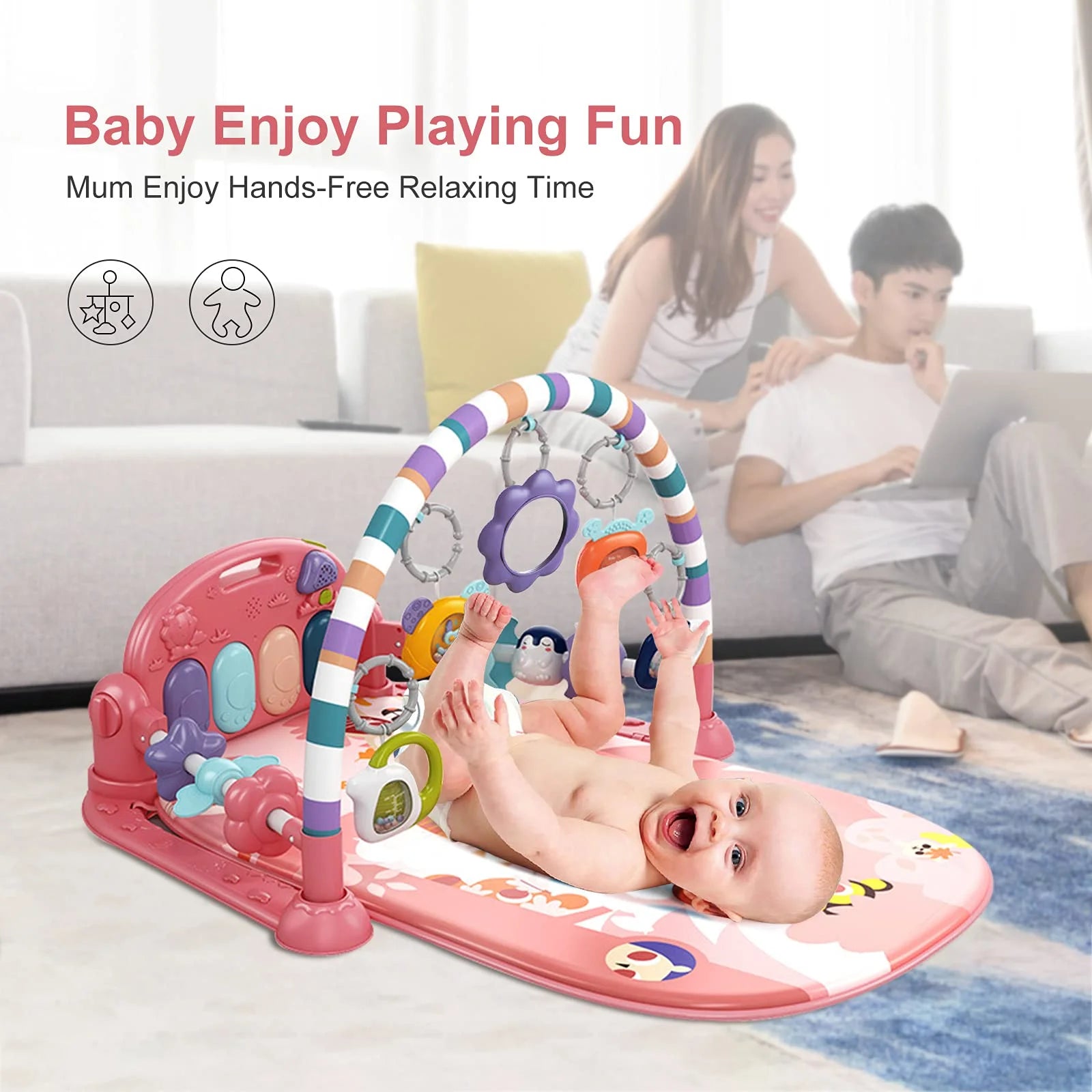 Baby Gym Play Mat, Musical Fitness Tummy Time Mat, for 0-36 Months Boys Girls, Orange Red