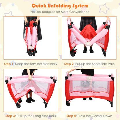 Baby Crib Playpen Playard Foldable Bassinet Infant Bed Unisex 0-18 Months Pink