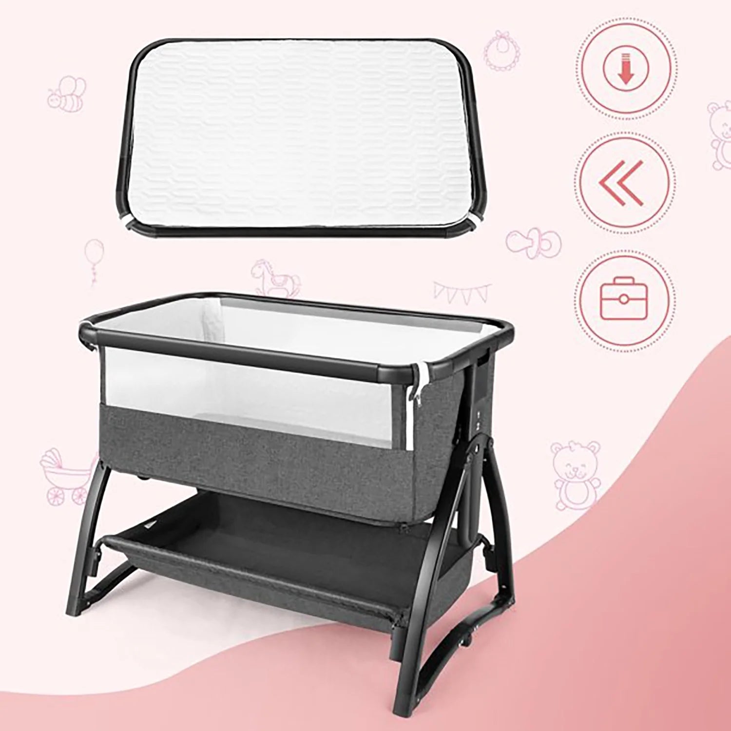 Adnoom Baby Bassinet Bedside Sleeper, Baby Bed to Babies Cradle, Adjustable 7-Level Height Portable Bed for Newborn/ Infant/ Baby Boy/ Baby Girl (Light Gray)