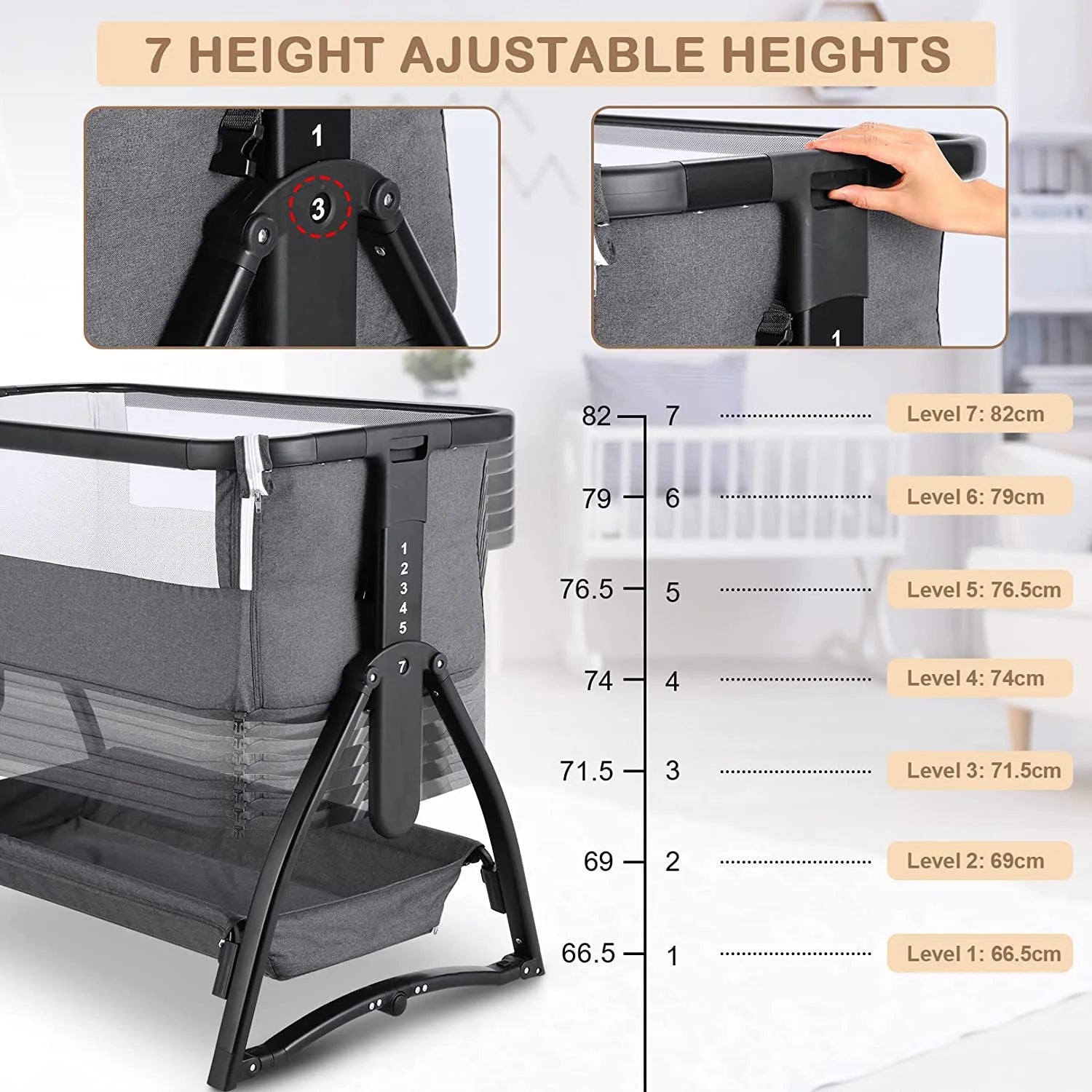 Adnoom Baby Bassinet Bedside Sleeper, Baby Bed to Babies Cradle, Adjustable 7-Level Height Portable Bed for Newborn/ Infant/ Baby Boy/ Baby Girl (Light Gray)