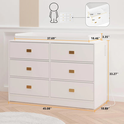Dresser for Bedroom with 6 Drawers, Wide Chest of Drawers with Changing Table Top, Nursery Storage Organizer for Infant with Power Outlets, Changing Pad & Removable Top