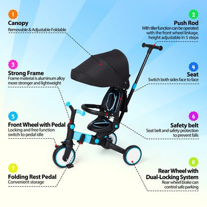 4 in 1 Baby Tricycle,Foldable Kids Tricycle with Adjustable Removable Canopy, Push Handle,Pedal and Guardrail,Balance Bike,Multifunction Design Witness Your Child'S Growth Blue