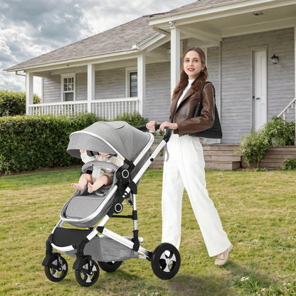 2 in 1 Convertible Baby Stroller, Unisex Folding Infant Newborn Bassinet Pram, Light Grey