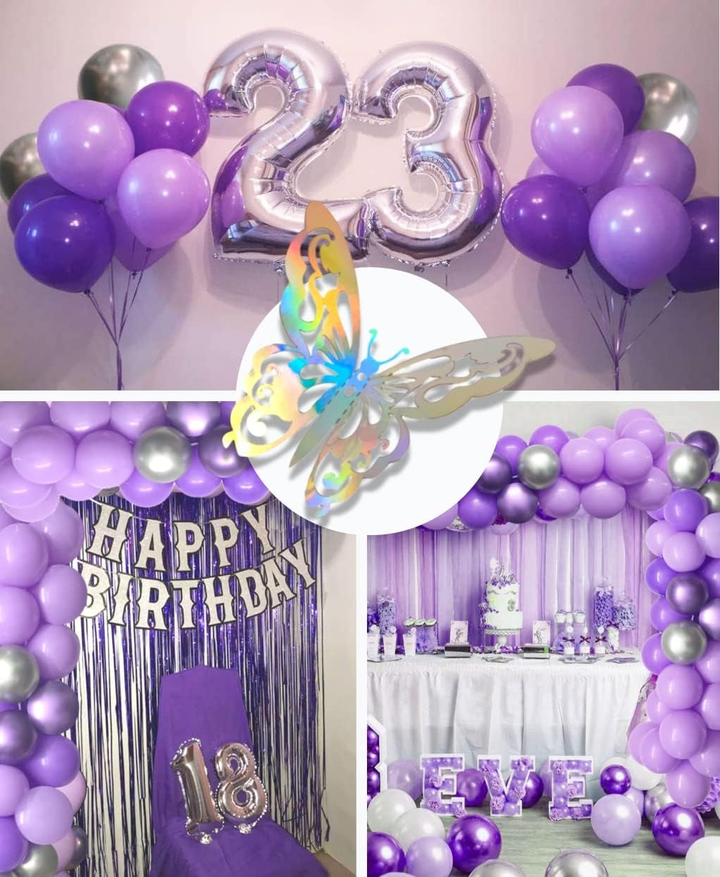132Pcs Purple and Silver Balloons, Purple and Silver Balloon Garland Kit with Silver Butterfly, Metallic Purple Balloons Purple Balloon Garland Kit for Baby Shower Wedding Birthday