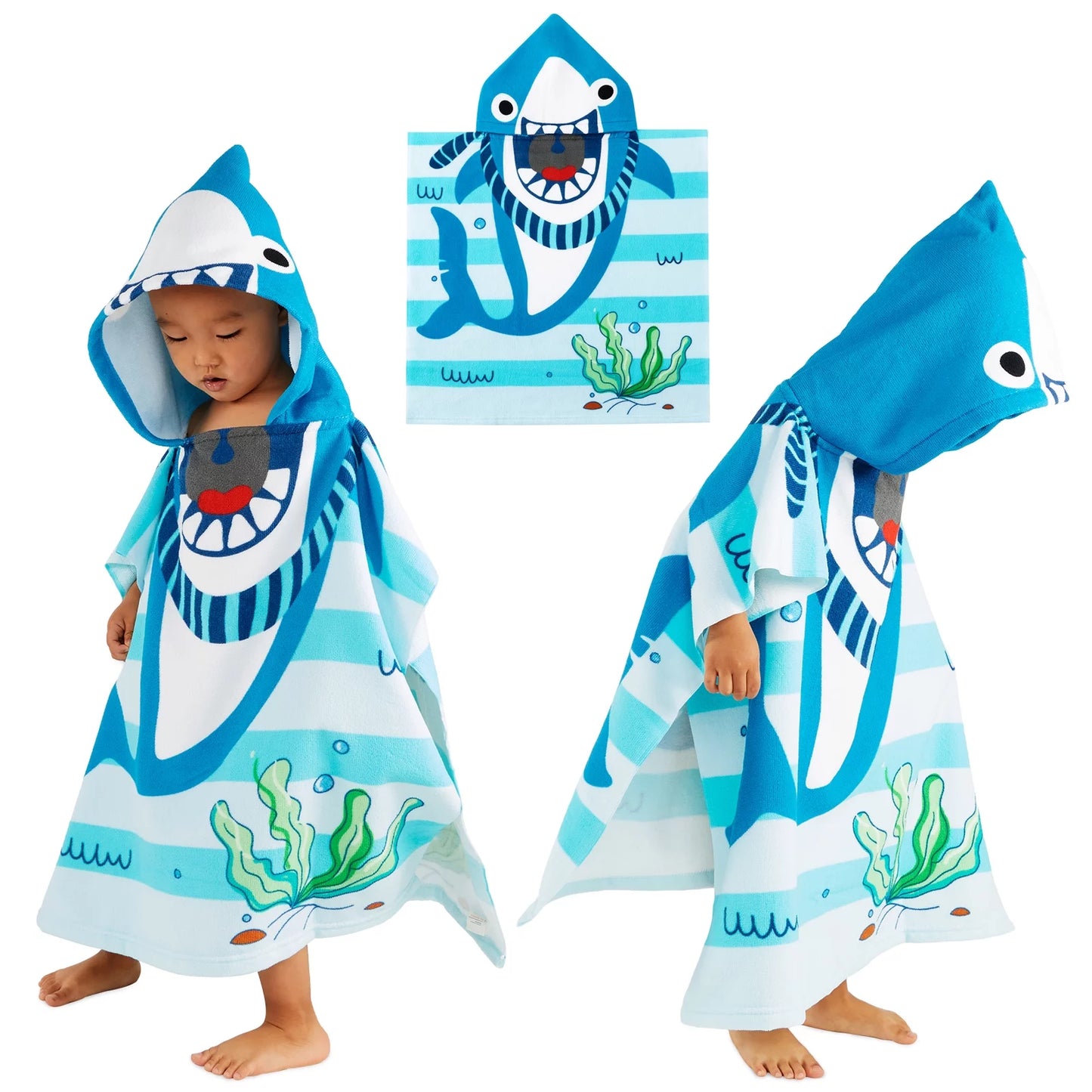 Baby Kids Bath and Beach Hooded Towel Wrap, 24" X 48", Light Blue Shark