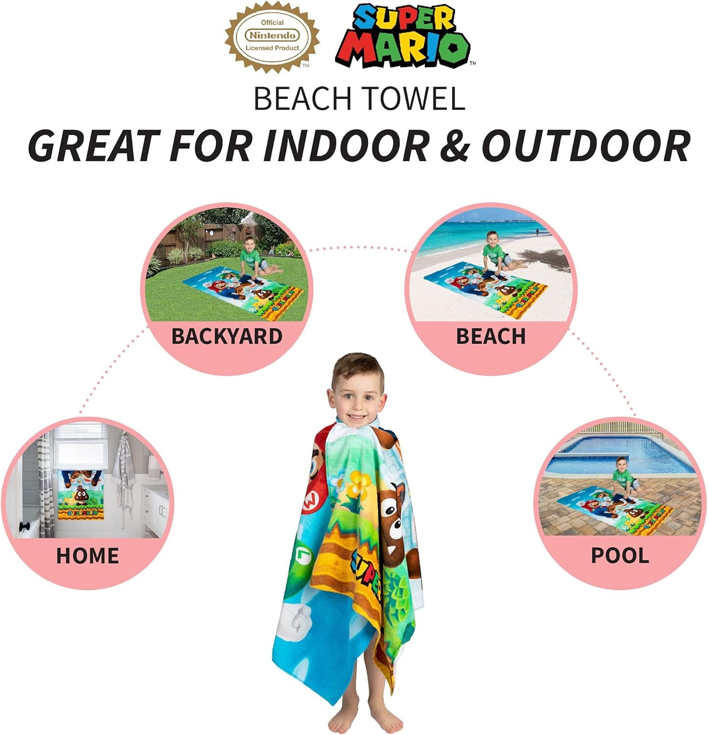 Super Mario "Official Nintendo" Kids Super Soft Cotton Bath/Pool/Beach Towel, 58 in X 28 In