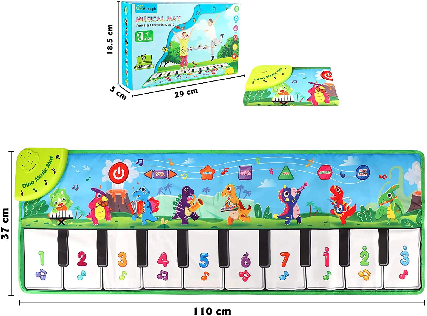 Baby Piano Mat, Dinosaur Musical Piano Mat for Kids 1-5 Years Old Toddler, Floor Keyboard Music Dance Touch Playmat Toy Adjustable Volume/ Record/ Playback