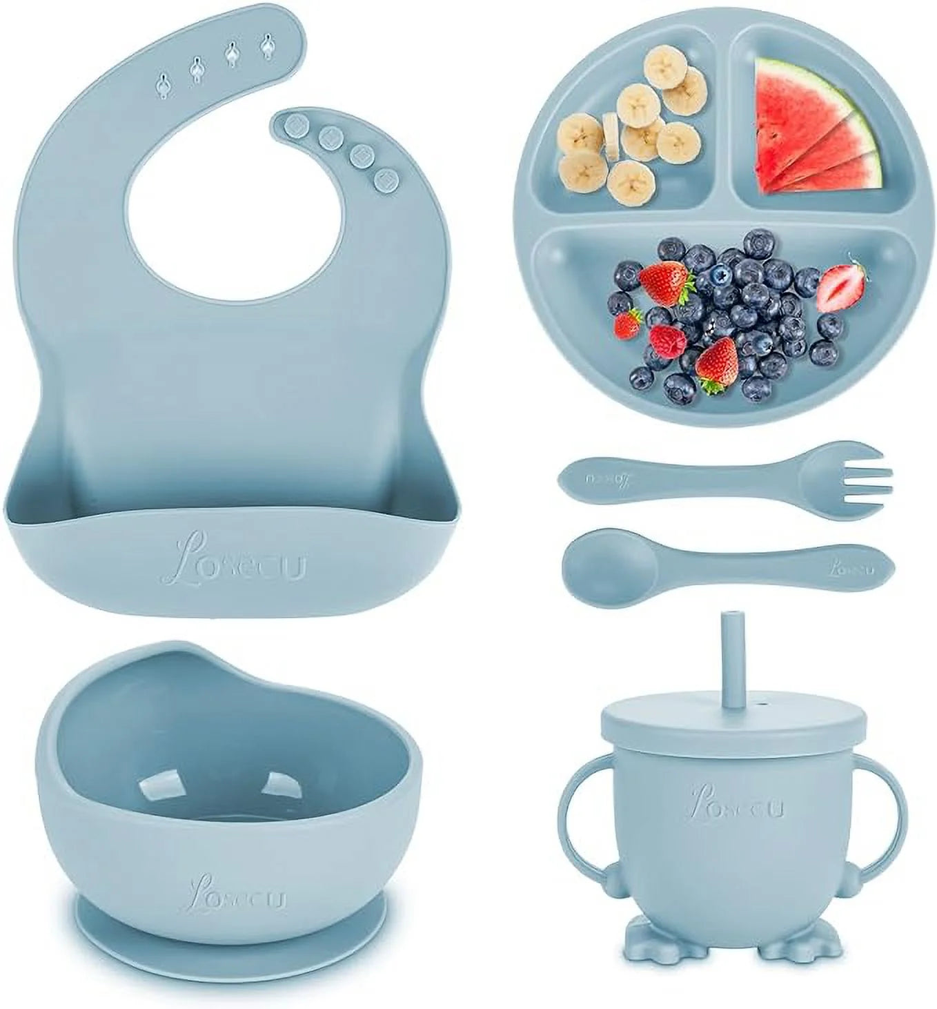 7 Pack Silicone Baby Feeding Set, Baby Led Weaning Utensils Set, Baby Spoon and Fork, Sippy Cup with Straw, Blue