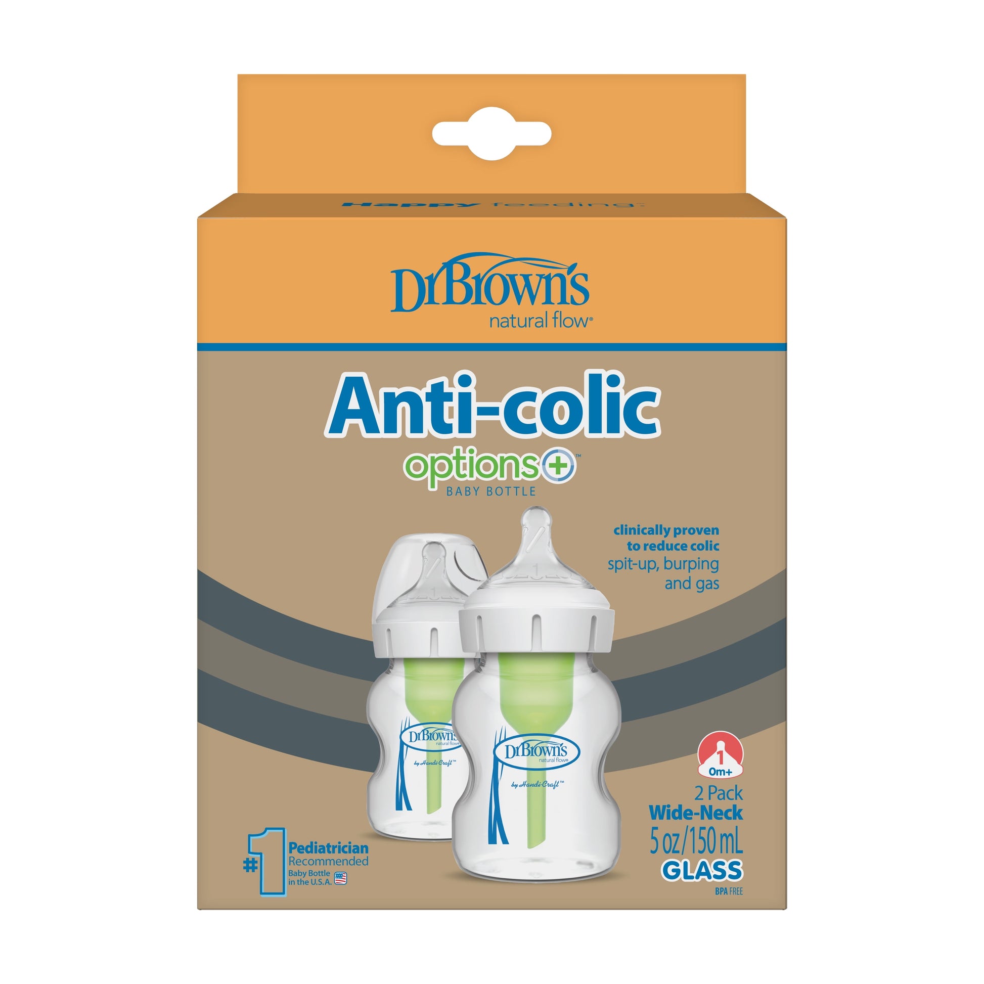 Natural Flow Anti-Colic Options+ Wide-Neck Glass Baby Bottle, 5Oz/150Ml, Slow Flow, 0M+, 2 Pack