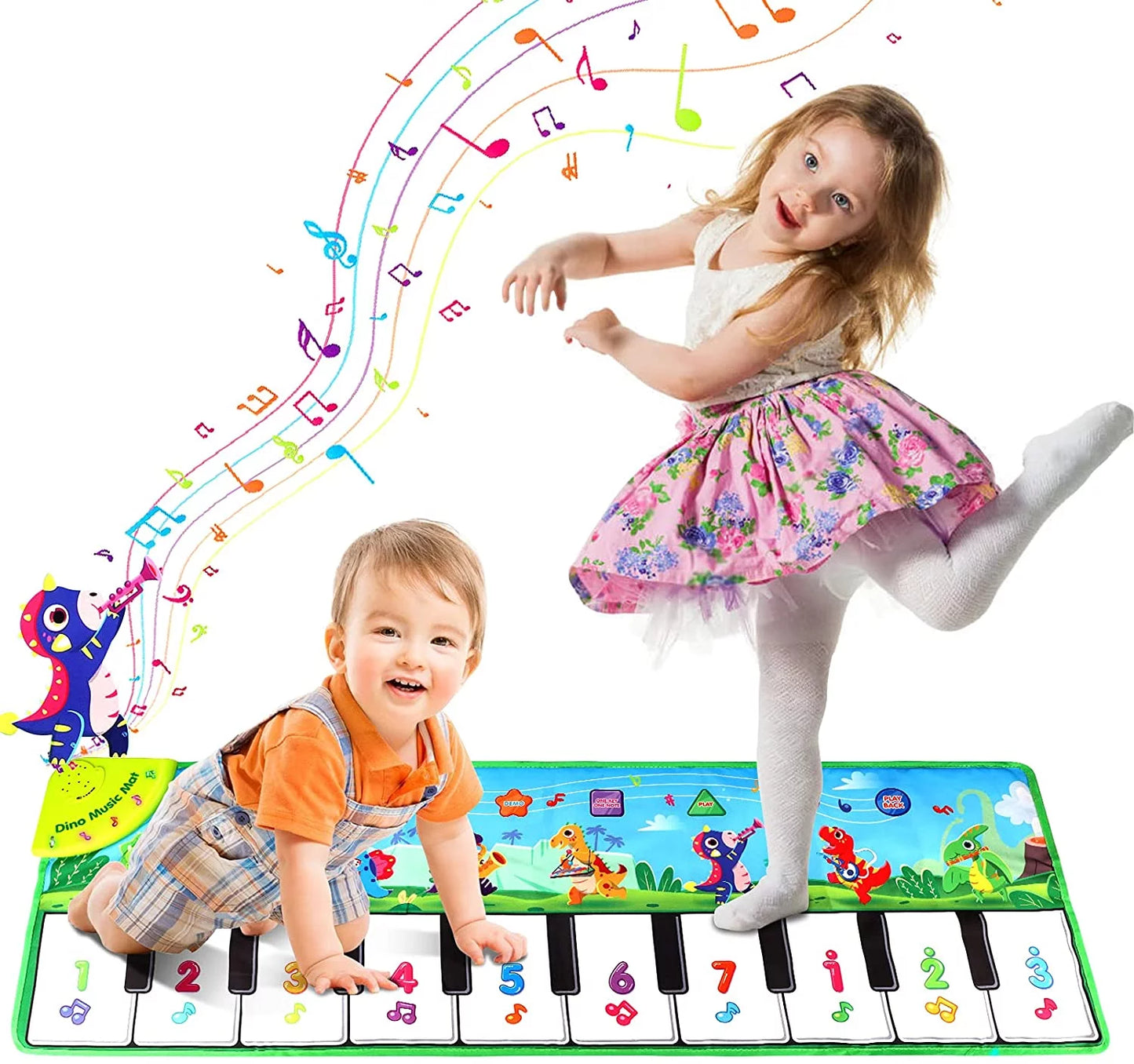 Baby Piano Mat, Dinosaur Musical Piano Mat for Kids 1-5 Years Old Toddler, Floor Keyboard Music Dance Touch Playmat Toy Adjustable Volume/ Record/ Playback