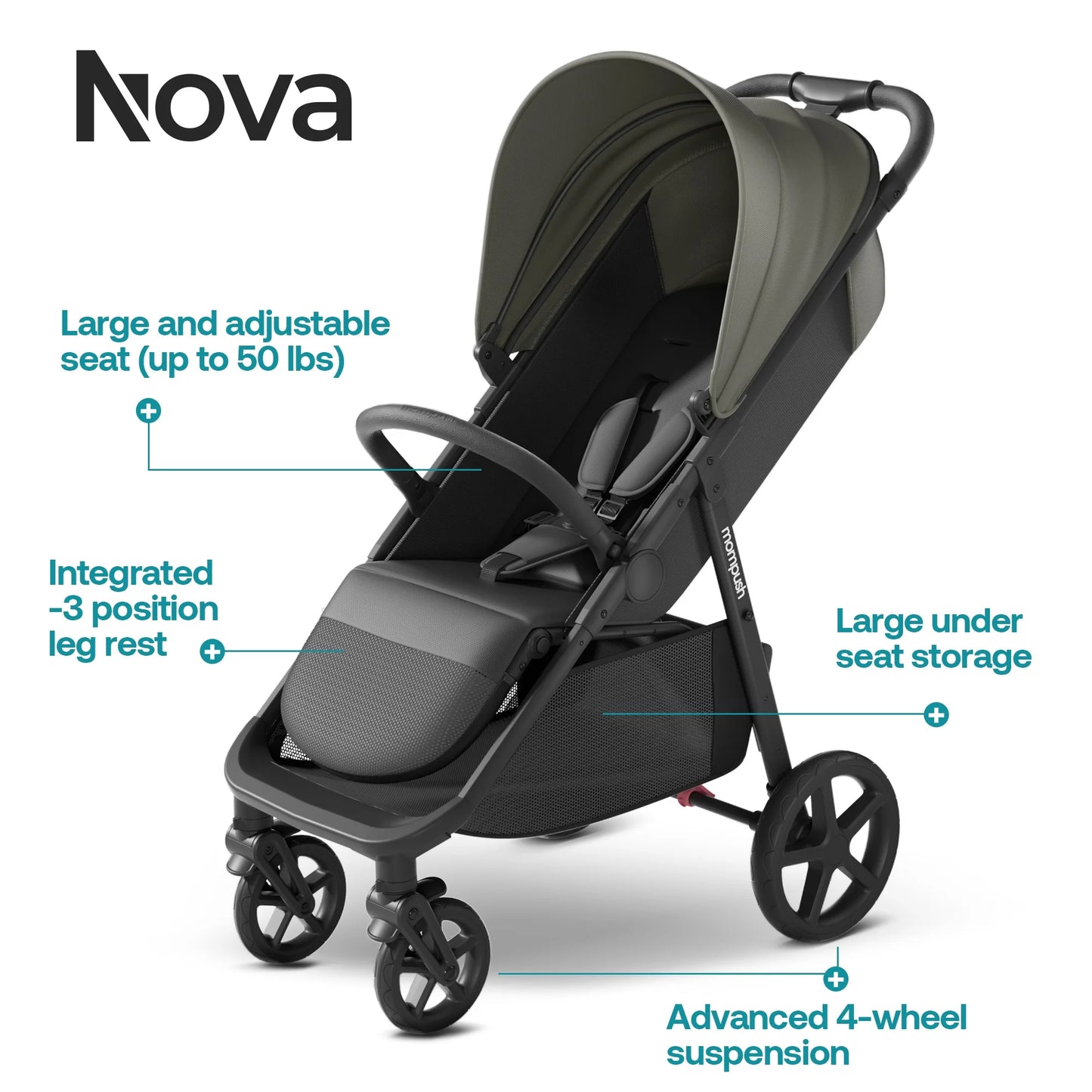 Nova Baby Stroller, Spacious Seat, Extra-Large UPF 50+ Canopy, Forest, 22LB, Unisex