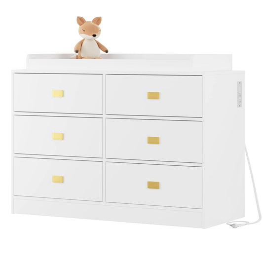 Dresser for Bedroom with 6 Drawers, Wide Chest of Drawers with Changing Table Top, Nursery Storage Organizer for Infant with Power Outlets, Changing Pad & Removable Top