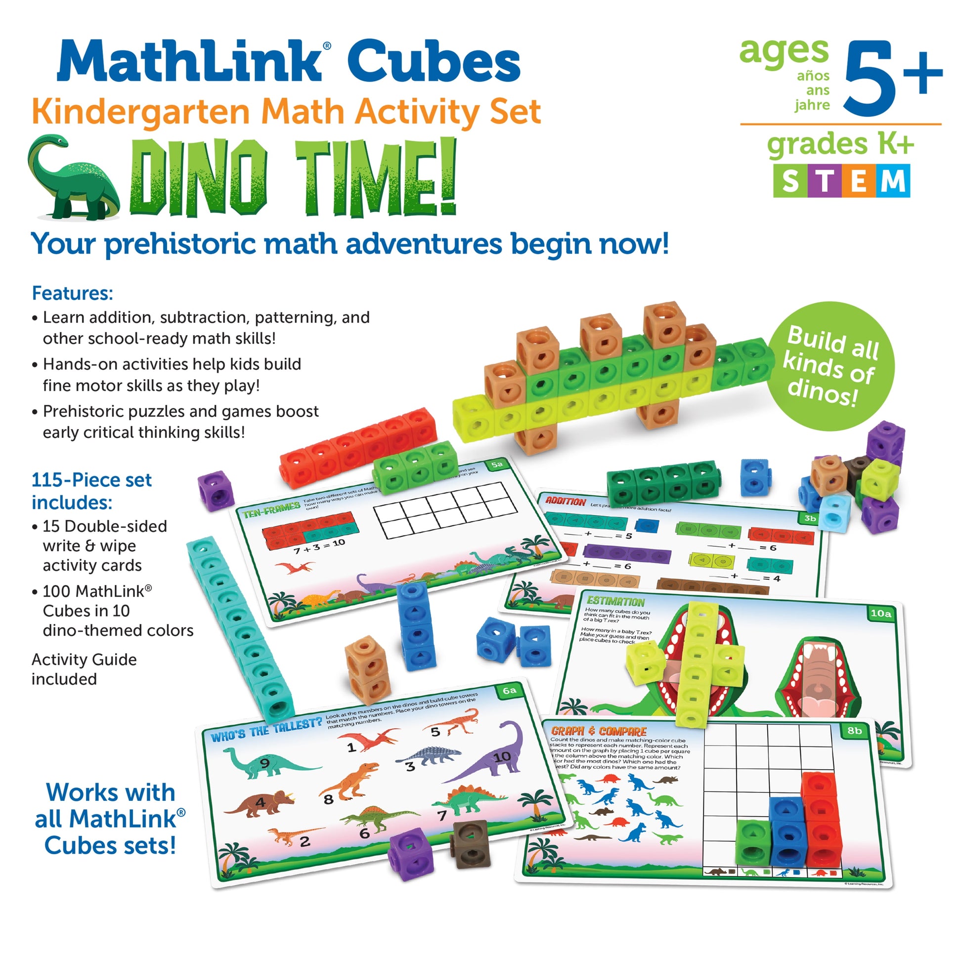 Mathlink Cubes Kindergarten Math Activity Set: Dino Time (115 Pieces)