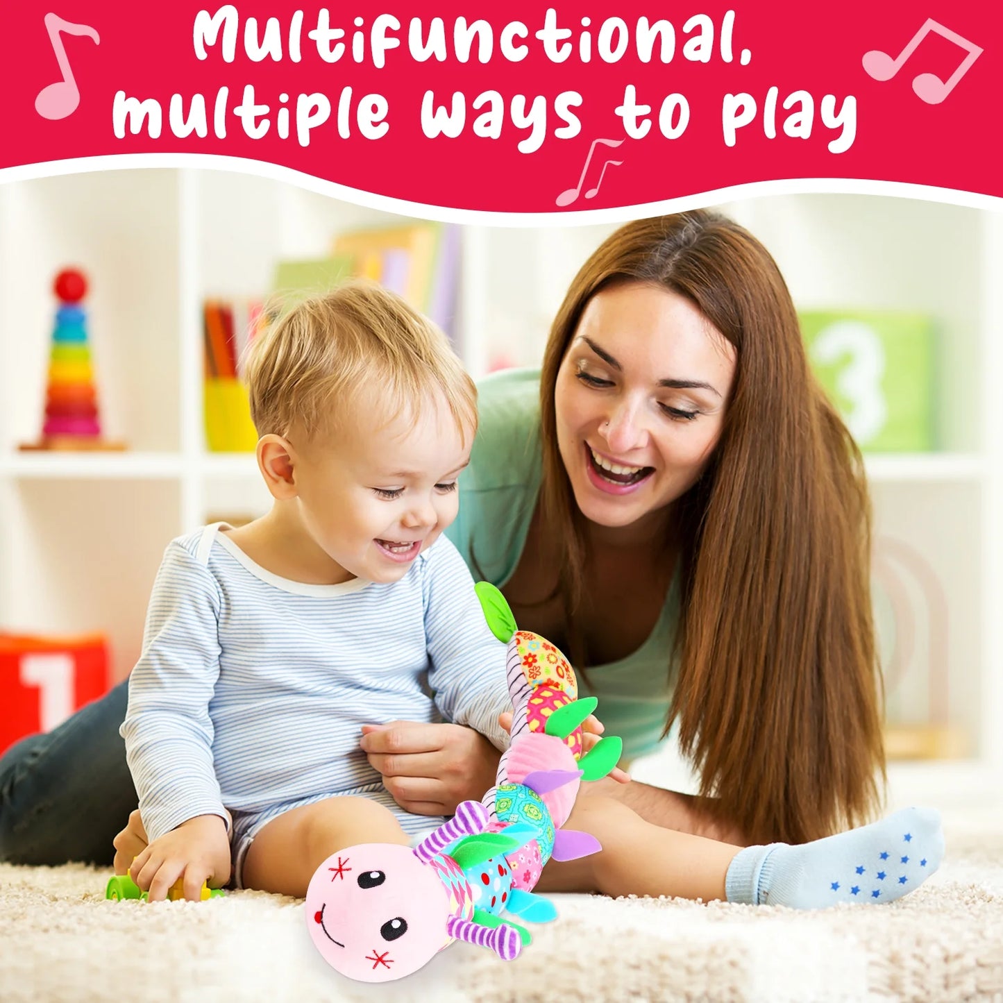 Baby Musical Caterpillar Toys, Infant Stuffed Animal Toys with Crinkle, Rattle and Textures, Soft Sensory Toys for Tummy Time Newborn Boys Girls 0 3 6 12 Months