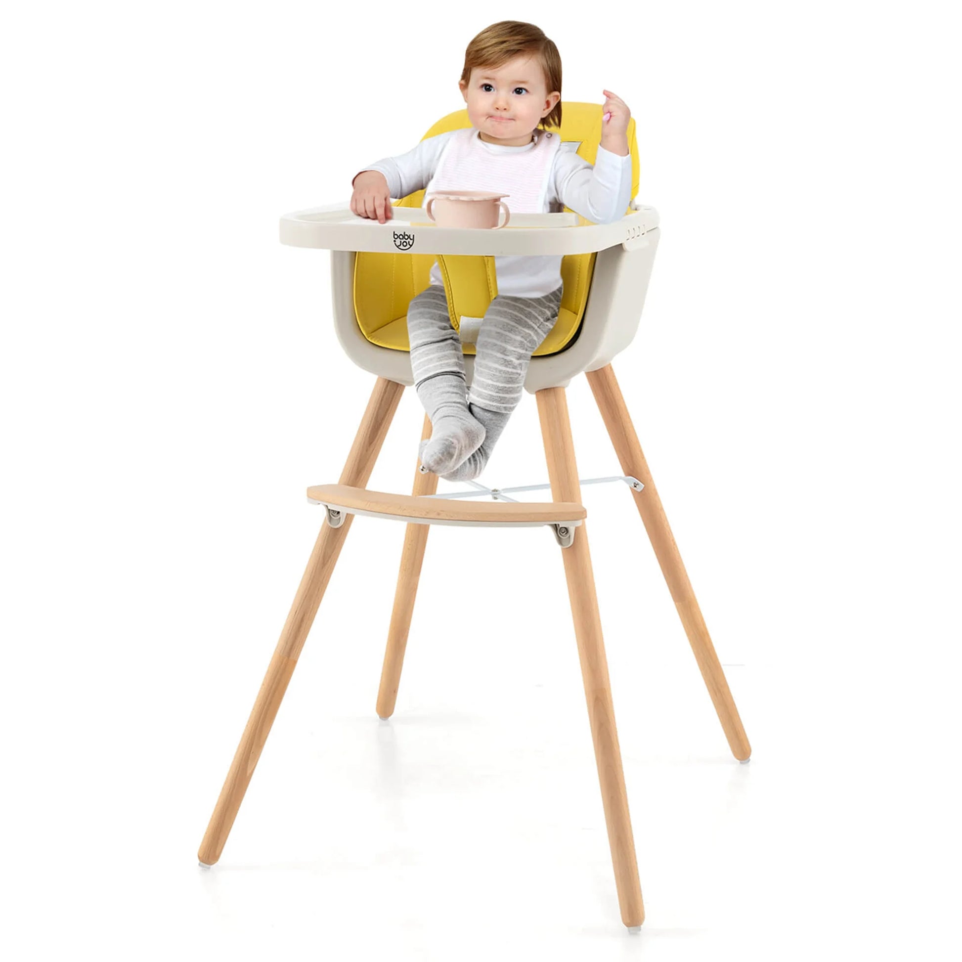 Babyjoy 3 in 1 Convertible Wooden High Chair Toddler Feeding Chair with Cushion Yellow
