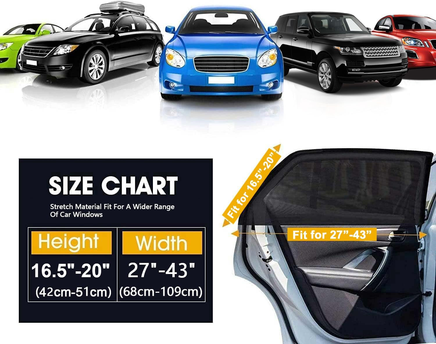 Car Window Shades, Elastic Mesh Car Rear Side Window Screen Cover Sun Shades Mosquito Net, Fit 96% of Cars, Suvs, Reduce Sun Rays,Sun Glare, Privacy Protection