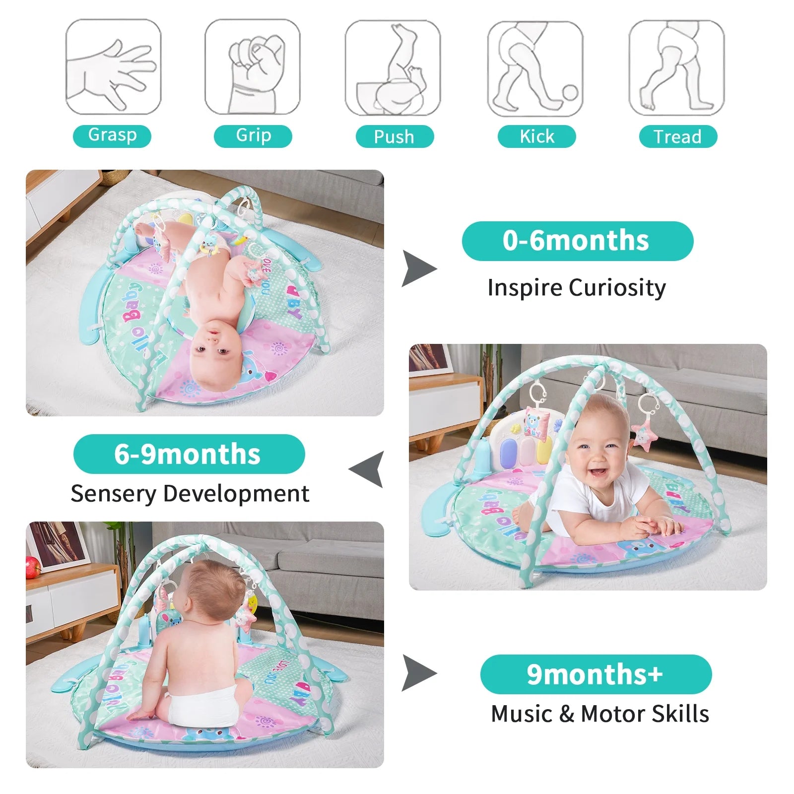 Baby Play Mat, 5 in 1 Thick Large Baby Gyms Play Mats Musical Activity Center, Play Piano Gym Tummy Time for Newborn Toddler and Infants, Blue and Pink