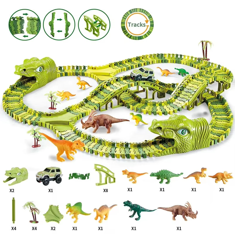 Dinosaur World Track Racing Track Toy Set Dinosaur Railway Toy Car Educational Bend Flexible Race Track Flash Light Car Toys Boy