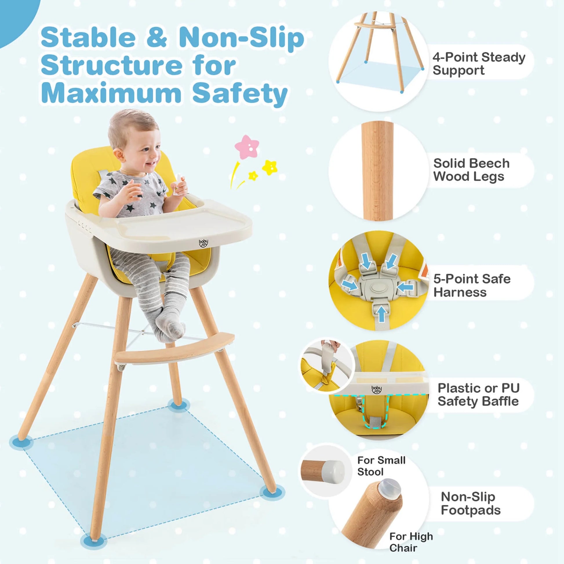 Babyjoy 3 in 1 Convertible Wooden High Chair Toddler Feeding Chair with Cushion Yellow