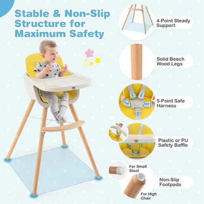 Babyjoy 3 in 1 Convertible Wooden High Chair Toddler Feeding Chair with Cushion Yellow