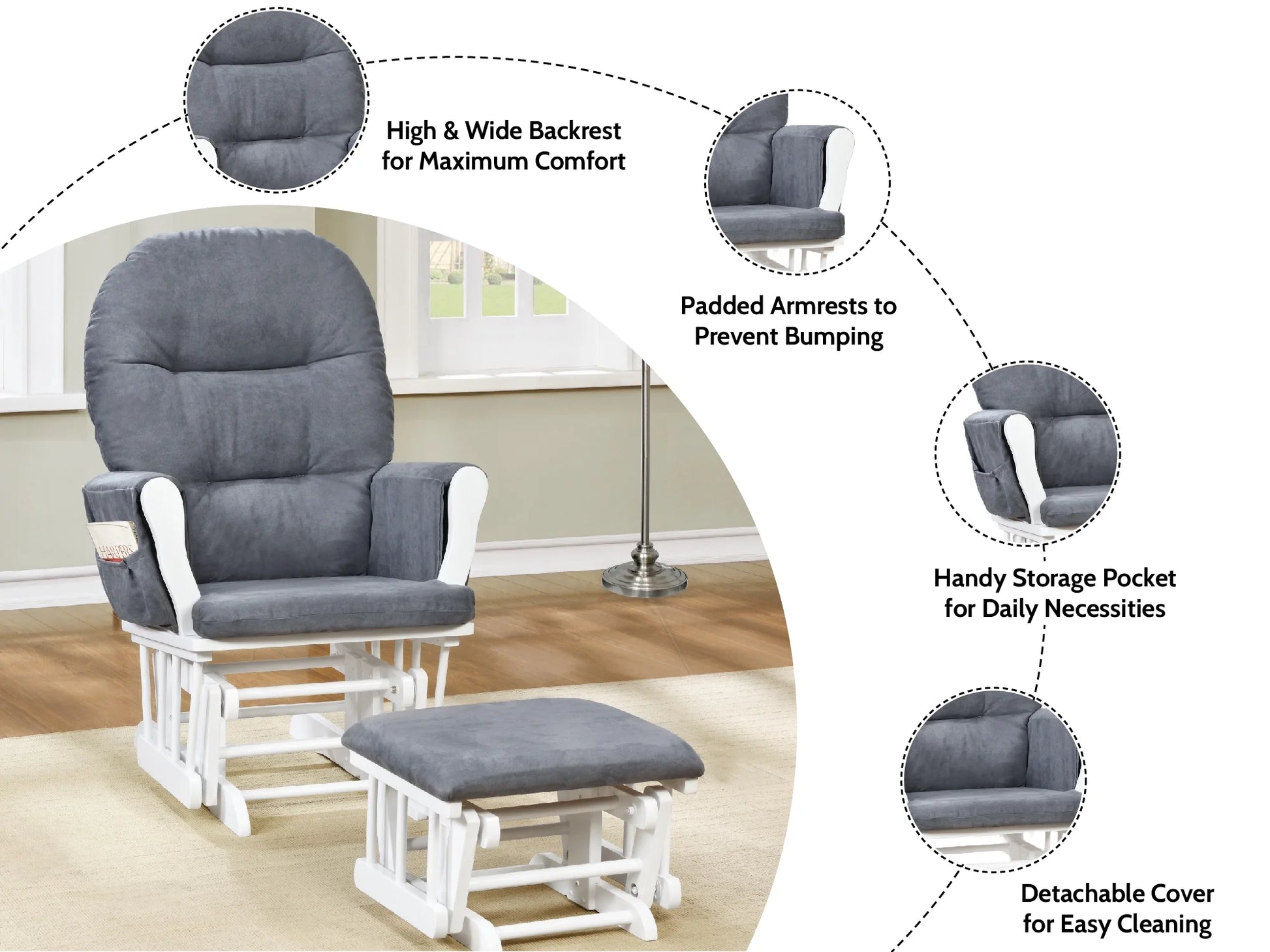 Brisbane Nursery Glider & Ottoman Sets, Glider Recliner Nursery Rocking Chair, Nursery Glider Rocker with Ottoman, Reclining Gliders & Chairs for Breastfeeding, Reading, Napping - White/Dark Gray