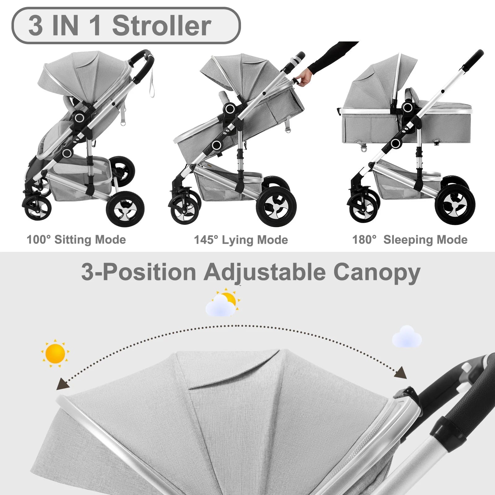 2 in 1 Convertible Baby Stroller, Unisex Folding Infant Newborn Bassinet Pram, Light Grey