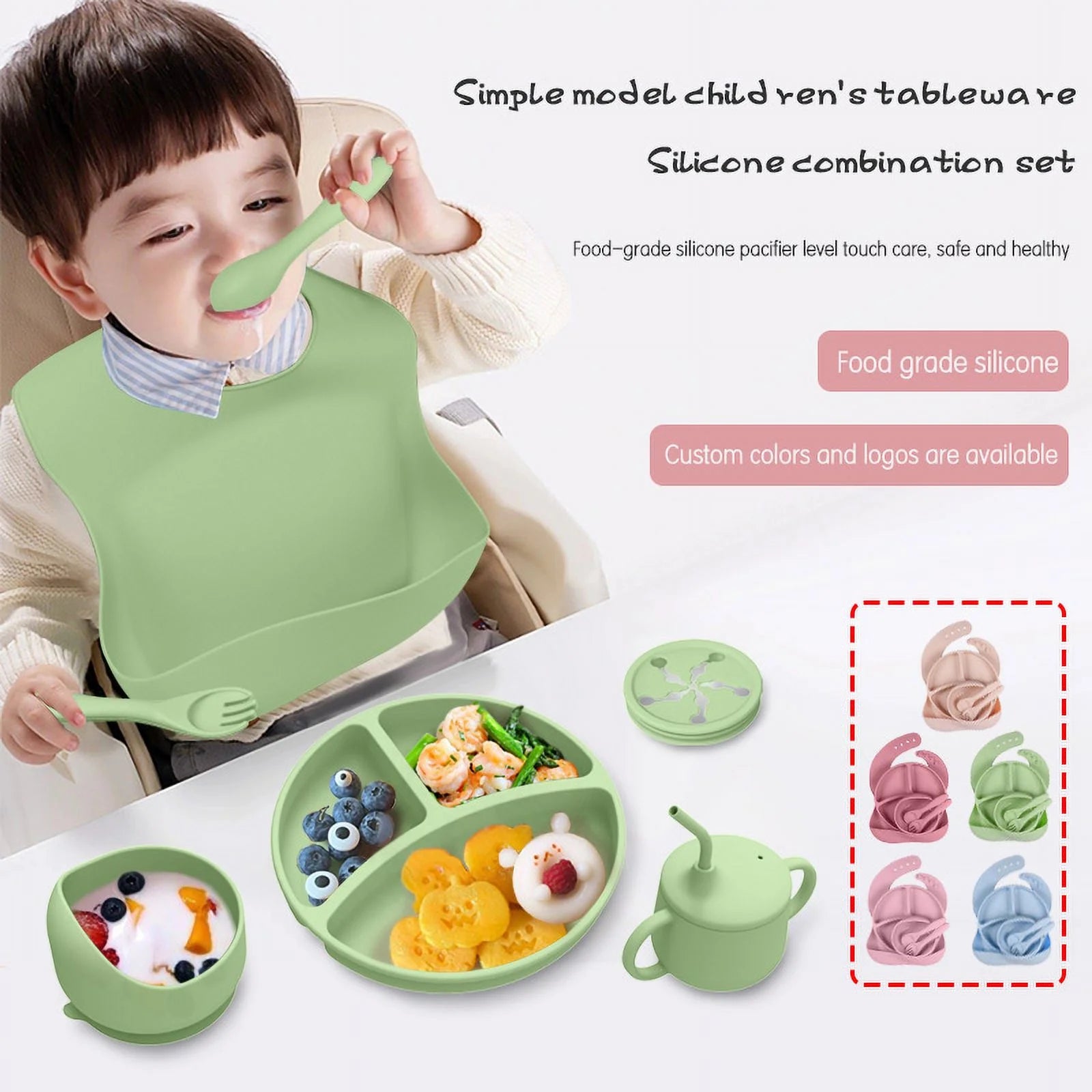 7 Pack Silicone Baby Feeding Set, Baby Led Weaning Utensils Set, Baby Spoon and Fork, Sippy Cup with Straw, Blue