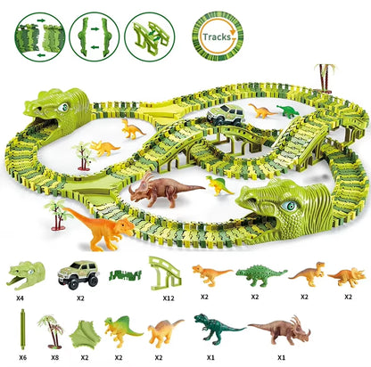 Dinosaur World Track Racing Track Toy Set Dinosaur Railway Toy Car Educational Bend Flexible Race Track Flash Light Car Toys Boy