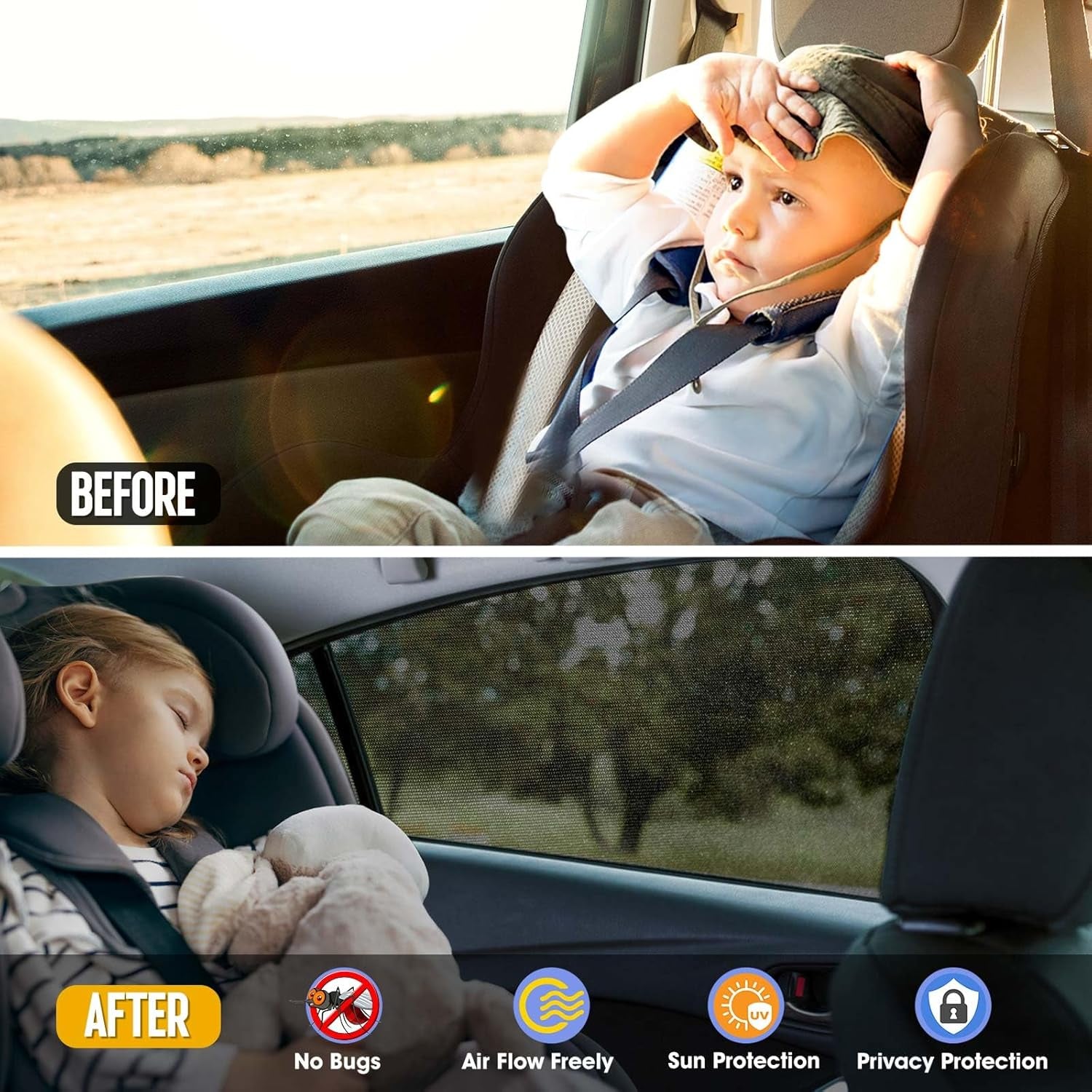 Car Window Shades, Elastic Mesh Car Rear Side Window Screen Cover Sun Shades Mosquito Net, Fit 96% of Cars, Suvs, Reduce Sun Rays,Sun Glare, Privacy Protection